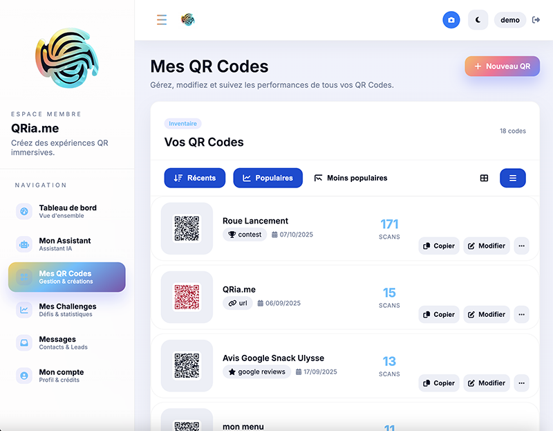Liste des QR Codes dans l'application Qria.me